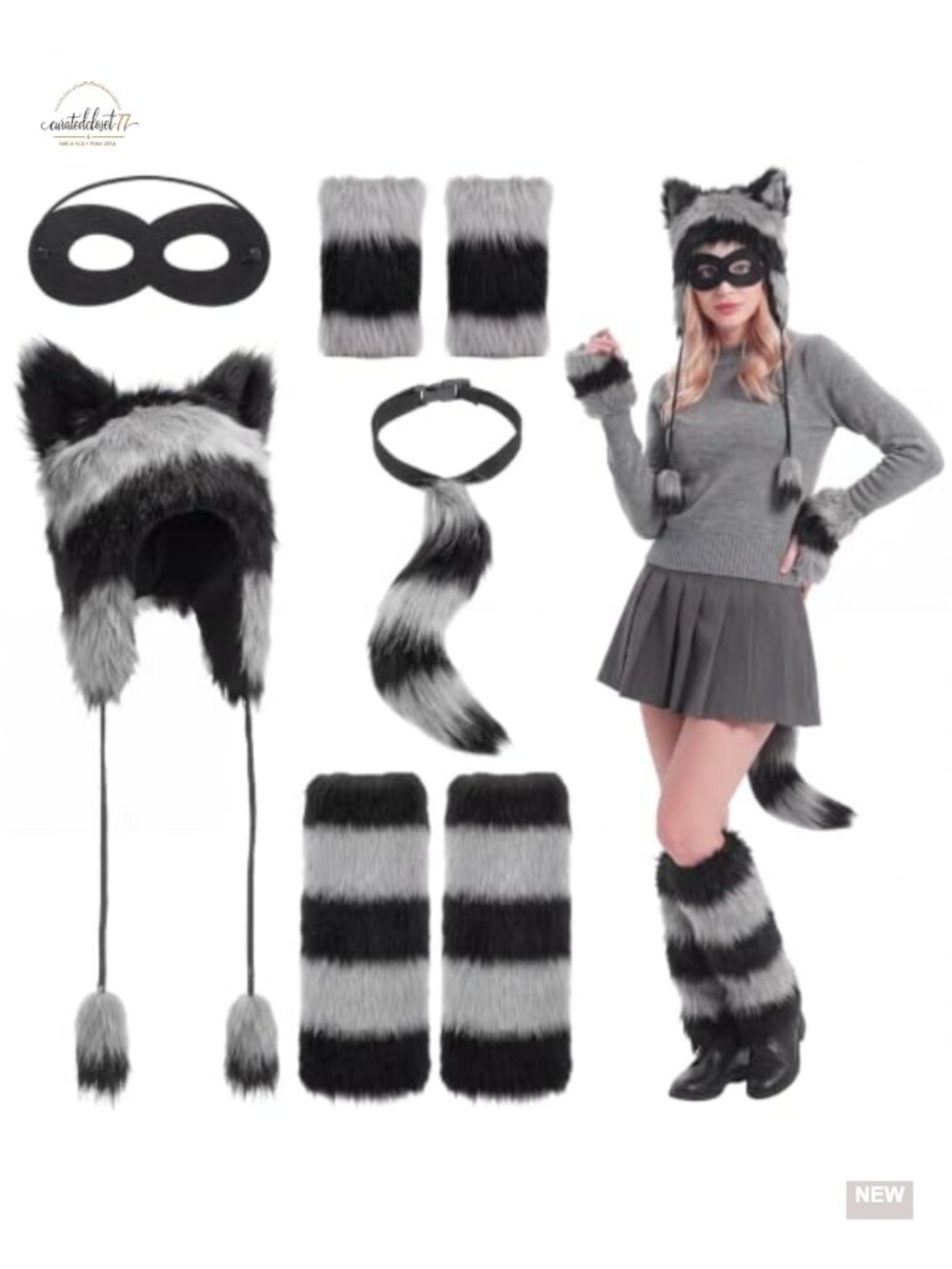 5 Pc Raccoon Costume Accessory Set Hat Tail Mask Gloves Leg Warmers